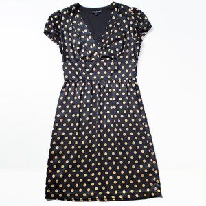 Betsey Johnson Silk Polka Dot Cap Sleeve Dress Size 8 Black Tan